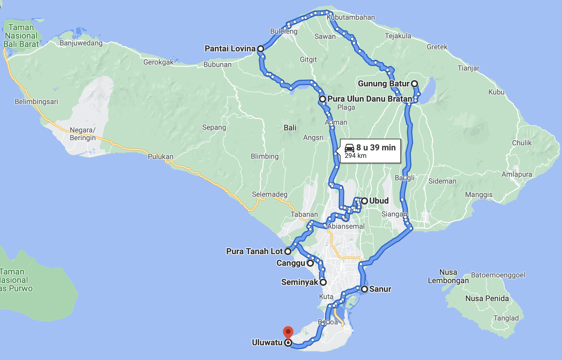 Volgens Google kun je mijn route over Bali (exclusief de Nusa's rechtsonder) binnen de 9 uur doen, ik deed er drie weken over. Doe dus lekker kalm aan! 